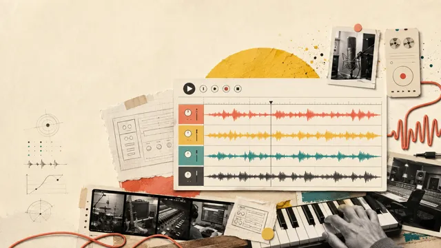 A layered music app collage with an arranged audio track