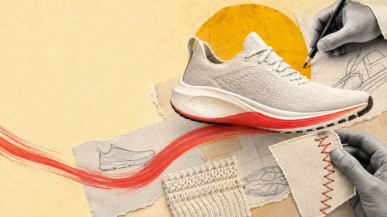 Cream knit footwear surrounded by sketches, material samples and coral stitching