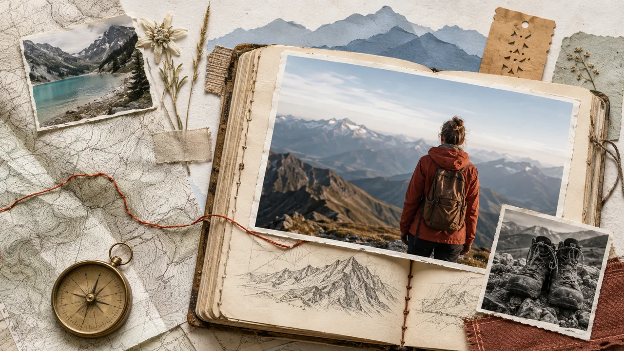 An alpine travel journal with a hiker photograph, contour maps, red route thread and brass compass