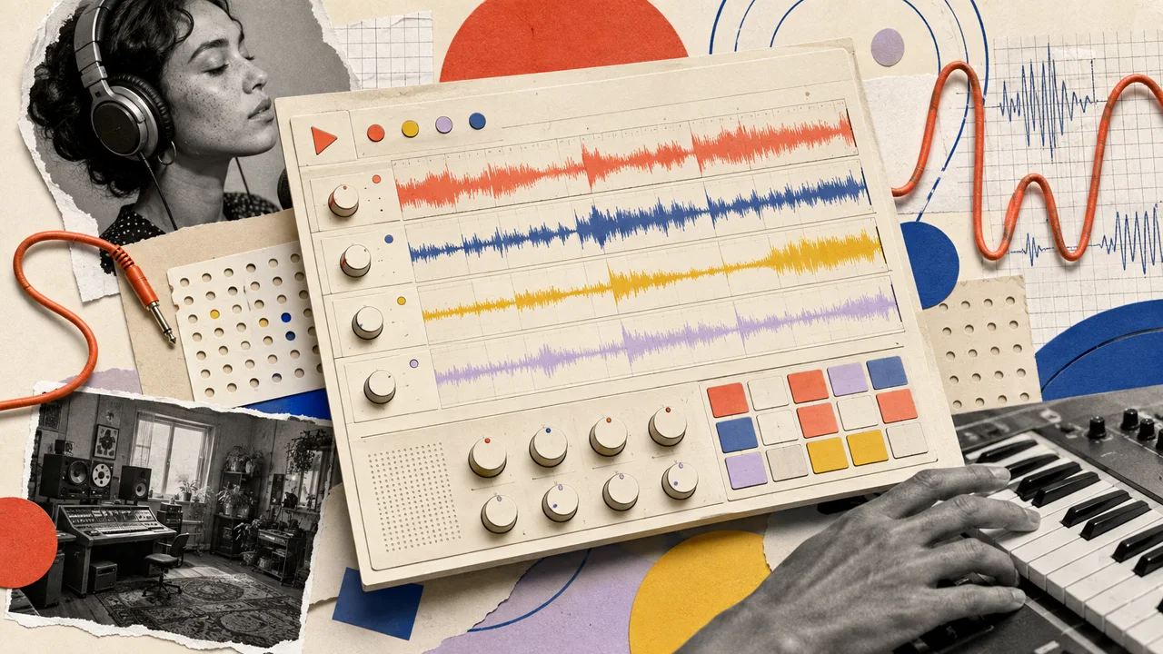 A colorful music sequencer collage with waveforms, rhythm pads and a musician playing keys