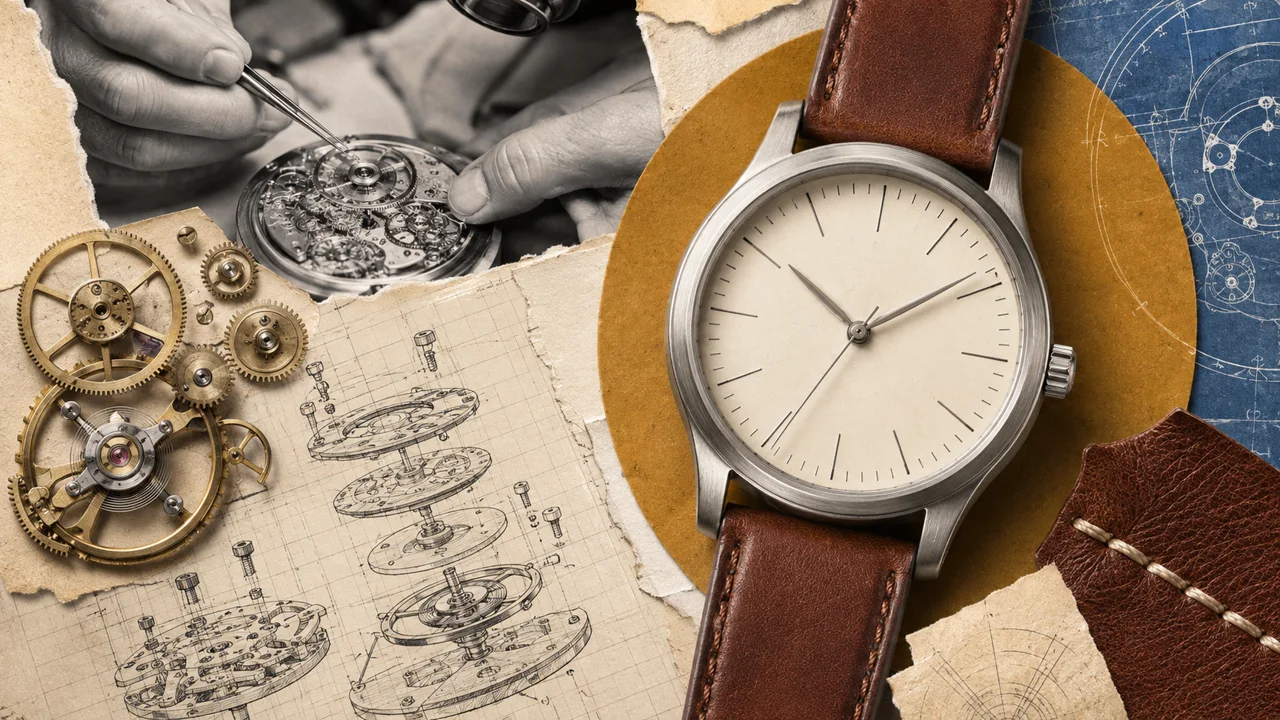 An artisan watch with brass gears, watchmaker photography and technical drawings