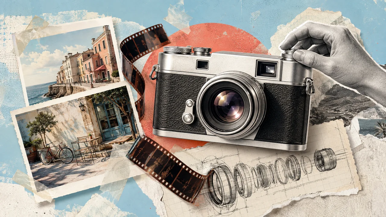 An analog camera, film ribbon and coastal photographs in a blue editorial collage