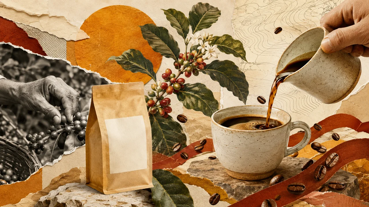 Coffee cherries, a kraft bag and a ceramic cup in a warm editorial collage