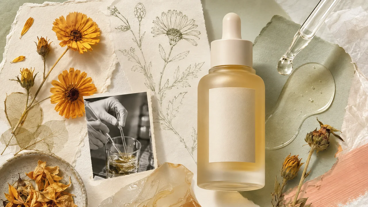 Calendula, a glass pipette and an amber serum bottle in a sage editorial collage