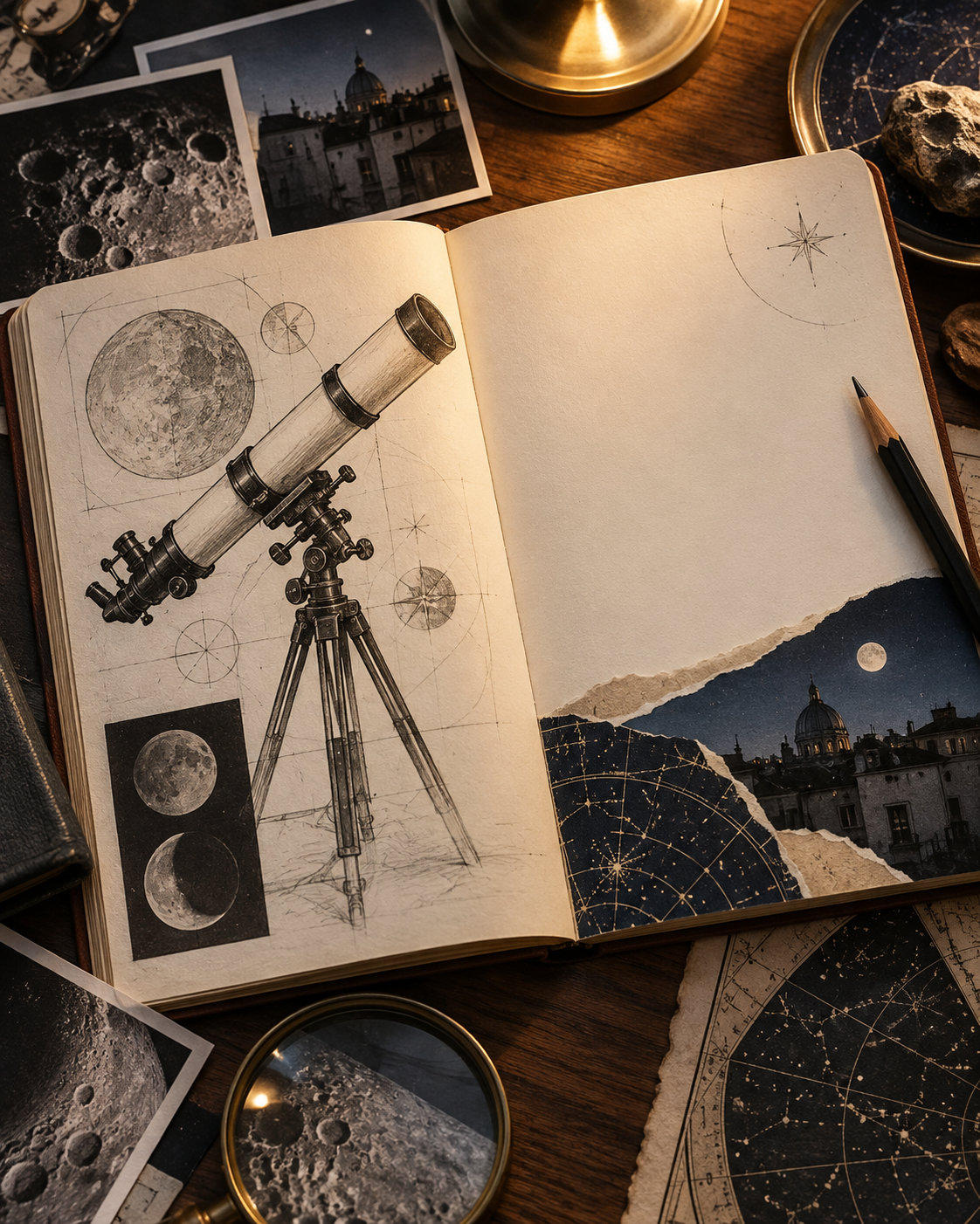 A telescope and moon sketched in an open notebook