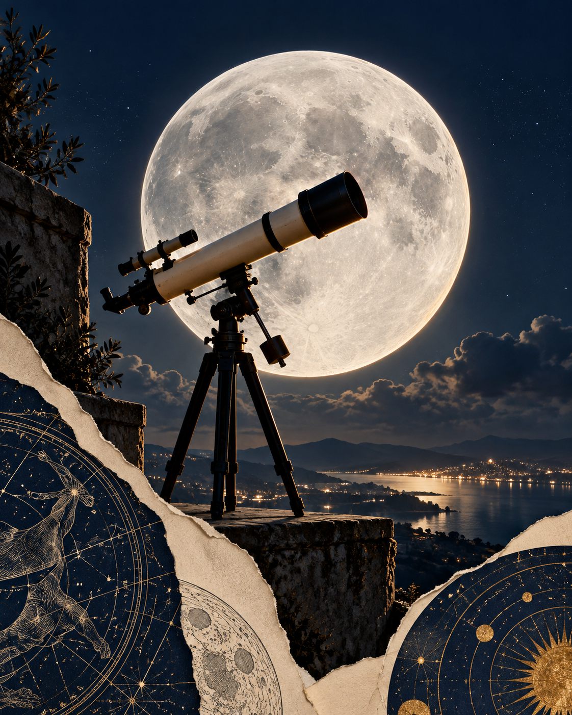 A telescope silhouetted against a luminous moon, surrounded by star charts and torn paper